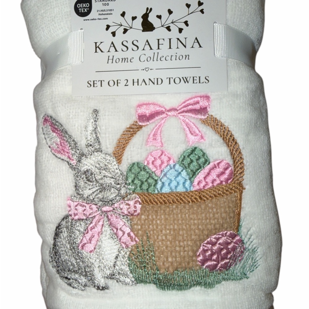 Kassafina 2 Pk Plush Hand Towels Embroidered Spring Easter Bunny Eggs Basket